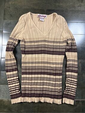 Midtown Vintage Y2K Striped Ribbed V-Neck Sweater Brown Beige XL